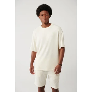 Erkek Ekru Bisiklet Yaka Jakarlı Basic T-shirt A41y1311