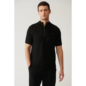Erkek Siyah Dik Yaka Yarım Fermuarlı Baskılı T-Shirt A41Y1312