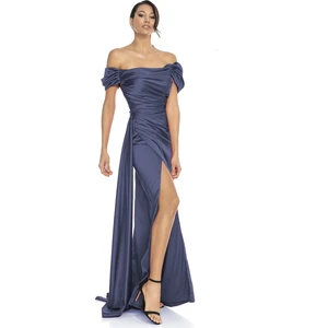 Abiye Sarayı Lacivert Düşük Kol Yırtmaç Detaylı Saten Abiye