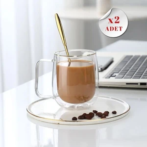 Hubby Chef Çift Camlı Çift Cidarlı Cam Kupa 350 ml Ev Ofis Fincanı Çift Camlı Kulplu Bardak 2'li