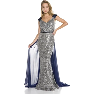 Abiye Sarayı Lacivert Omuz ve Bel İşlemeli Kuyruklu V Yaka Balık Abiye