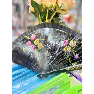 Yelpaze Bambu Çift Taraflı Çiçekli El Boyama Siyah