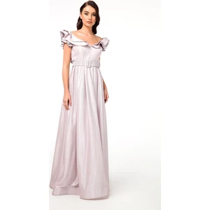 Abiye Sarayı Pudra Kemer Detaylı Kolları Volanlı Uzun Abiye Elbise