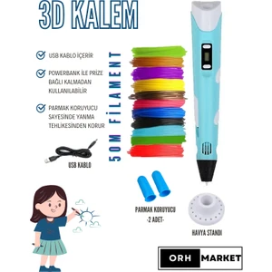ORH MARKET 3D KalemUSB Kablolu Üç Boyutlu Yazıcı Kalem Printer-Mavi (10 Adet 5m Filament -50METRE-)