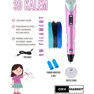 ORH MARKET ORH MARKET 3D Kalem USB Kablolu Üç Boyutlu Yazıcı Kalem Printer-Pembe (3 Adet 3m Filament -9metre-)
