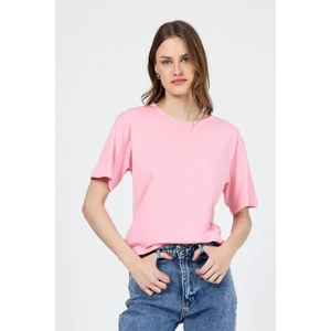 Pembe Bisiklet Yaka %100 Pamuk Relaxed Fit Tişört 2142M