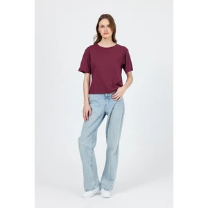Bordo Bisiklet Yaka %100 Pamuk Relaxed Fit Tişört 2142M