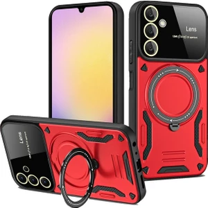 Samsung Galaxy A56 ile Uyumlu Kılıf Joy Joy Stand Olabilen Lens Korumalı 360° Derece Dönen Halak Yüzük Aparatlı Kapak Kırmızı
