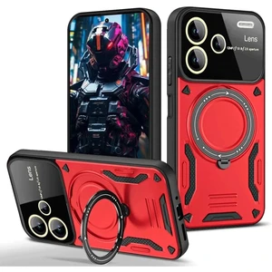Coverzone Xiaomi Redmi Note 13 Pro Plus ile Uyumlu Kılıf Joy Joy Stand Olabilen Lens Korumalı 360° Derece Dönen Halak Yüzük Aparatlı Kapak Kırmızı