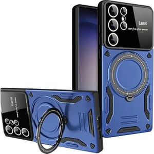 Samsung Galaxy S25 Ultra ile Uyumlu Kılıf Joy Joy Stand Olabilen Lens Korumalı 360° Derece Dönen Halak Yüzük Aparatlı Kapak Lacivert