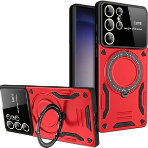 Samsung Galaxy S25 Ultra ile Uyumlu Kılıf Joy Joy Stand Olabilen Lens Korumalı 360° Derece Dönen Halak Yüzük Aparatlı Kapak Kırmızı