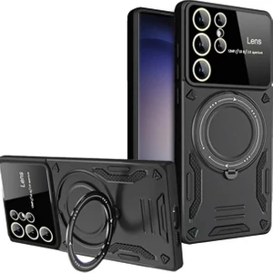 Samsung Galaxy S25 Ultra ile Uyumlu Kılıf Joy Joy Stand Olabilen Lens Korumalı 360° Derece Dönen Halak Yüzük Aparatlı Kapak Siyah