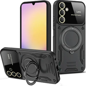 Samsung Galaxy A56 ile Uyumlu Kılıf Joy Joy Stand Olabilen Lens Korumalı 360° Derece Dönen Halak Yüzük Aparatlı Kapak Siyah