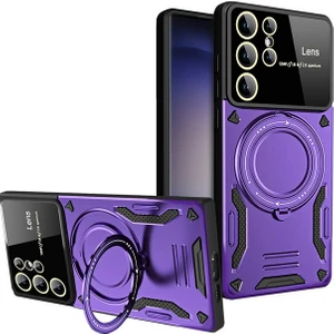 Samsung Galaxy S25 Ultra ile Uyumlu Kılıf Joy Joy Stand Olabilen Lens Korumalı 360° Derece Dönen Halak Yüzük Aparatlı Kapak Mor