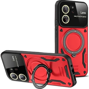 Coverzone  Xiaomi Mi 13T Pro ile Uyumlu Kılıf Joy Joy Stand Olabilen Lens Korumalı 360° Derece Dönen Halak Yüzük Aparatlı Kapak Kırmızı