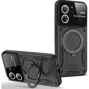 Coverzone  Xiaomi Mi 13T Pro ile Uyumlu Kılıf Joy Joy Stand Olabilen Lens Korumalı 360° Derece Dönen Halak Yüzük Aparatlı Kapak Siyah