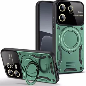 Coverzone  Xiaomi Mi 13T Pro ile Uyumlu Kılıf Joy Joy Stand Olabilen Lens Korumalı 360° Derece Dönen Halak Yüzük Aparatlı Kapak Koyu Yeşil