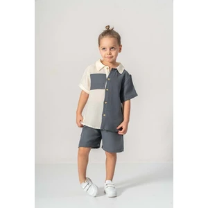 Mnk Baby & Kids Müslin Kumaş Pamuklu Yazlık Şortlu Erkek Çocuk Takım M00733 Gri