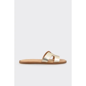 Gold Deri Kadın Düz Terlik