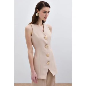 Gold Düğmeli Yelek - Bej