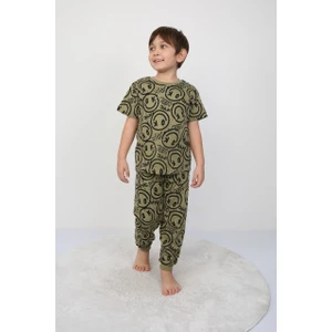 Erkek Çocuk Gülen Yüz Desenli Yazlık Pijama Takımı %100 Pamuk Süprem Penye 3-13 Yaş