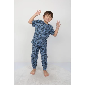 Erkek Çocuk Gülen Yüz Desenli Yazlık Pijama Takımı %100 Pamuk Süprem Penye 3-13 Yaş