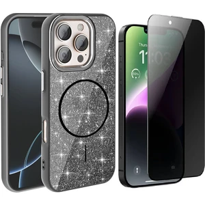 Apple iPhone 16 Pro Max Kılıf M-safe Şarj Özellikli Parlayan Simli Okso Kapak + Hayalet Ekran Koruyucu