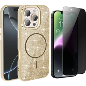 Apple iPhone 16 Pro Kılıf M-safe Şarj Özellikli Parlayan Simli Okso Kapak + Hayalet Ekran Koruyucu
