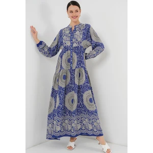 2423 Otantik Desenli Tesettür Elbise - Saks 4