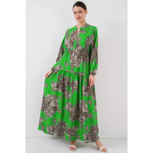 2423 Otantik Desenli Tesettür Elbise - Siyah - Yeşil