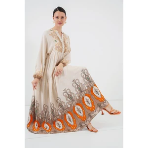 2423 Otantik Desenli Tesettür Elbise - T. Ekru