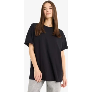Oversize Geniş Kalıp Bisiklet Yaka Basic Düz Kısa Kollu Siyah Tişört F3454AXNS