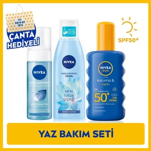 NIVEA SUN Güneş Koruyucu Vücut Spreyi 200ml SPF50, Yüz Temizleme Köpüğü 150ml, Tonik 200ml, Çanta Hediye