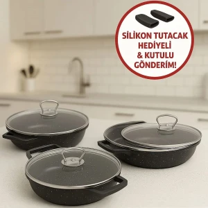 6 Parça Siyah Cam Kapaklı Granit Sahan Tencere Seti 18-20-22 cm