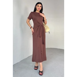 ELB-01771 Taba Belden Bağlamalı Kısa Kol Uzun Elbise