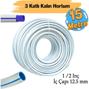 Bahçe Hortumu 15 Metre Çeşme Su Sulama Hortum Araç Araba Yıkama 12.5 mm 1/2" 3 Katlı Sağlam