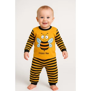 Trend Bebe Butik Happy Bee Sarı Siyah Çizgili Erkek Çocuk Pijama Takımı | Pamuklu Uzun Kollu Takım Arı Temalı