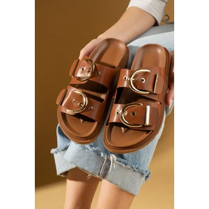 Pembe Potin Geniş Çift Gold Tokalı Rahat Kalıp Kadın Terlik 024-1001-25CILT