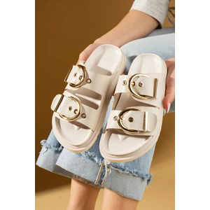 Pembe Potin Geniş Çift Gold Tokalı Rahat Kalıp Kadın Terlik 024-1001-25CILT