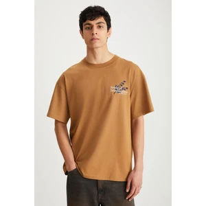 ROKLEN Erkek  Pamuk Bisiklet Yaka Baskılı Kahverengi T-Shirt