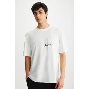 KRAVIN Erkek  Pamuk Bisiklet Yaka Baskılı Ekru T-Shirt