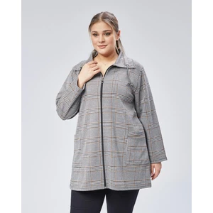 Kadın Büyük Beden Vizon , Ekose Desenli Fermuarlı Cepli Ceket 65N38791