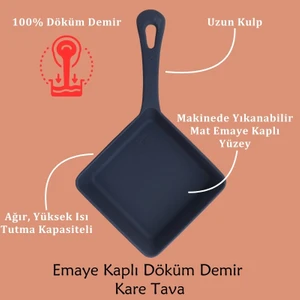 Hakiki Döküm Demir Kare Mini Tava, Mat Siyah Emaye Kaplı, Uzun Saplı, 14,5*14,5*31 cm