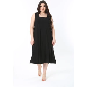 Kadın Büyük Beden Siyah Kare Yakalı Rahat Kesim Buzy Kumaş Elbise 65N38851