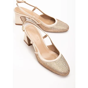 Kadın Kısa Topuklu Abiye Ayakkabı Ten Taş Döşeme Yuvarlak Burun