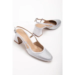 Kadın Kısa Topuklu Abiye Ayakkabı Gümüş Taş Döşeme Yuvarlak Burun