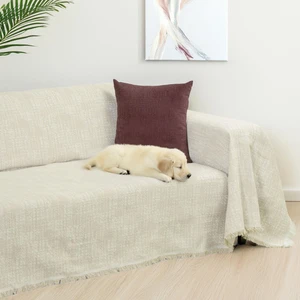 Purecot Premium Pamuklu Püsküllü Koltuk Örtüsü 180X300 Large Çift Taraflı Terletmez Kaymaz , Krem