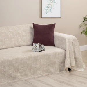Purecot Premium Pamuklu Püsküllü Koltuk Örtüsü 180X300 Large Çift Taraflı Terletmez Kaymaz , Bej