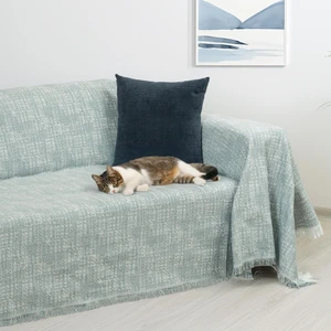 Purecot Premium Pamuklu Püsküllü Koltuk Örtüsü 180X300 Large Çift Taraflı Terletmez Kaymaz , Mavi