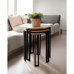 Dekoratif 3’lü Zigon Sehpa Metal Ayaklı Çam Ahşap Yuvarlak Misafir Servis Sehpası Orta Sehpa